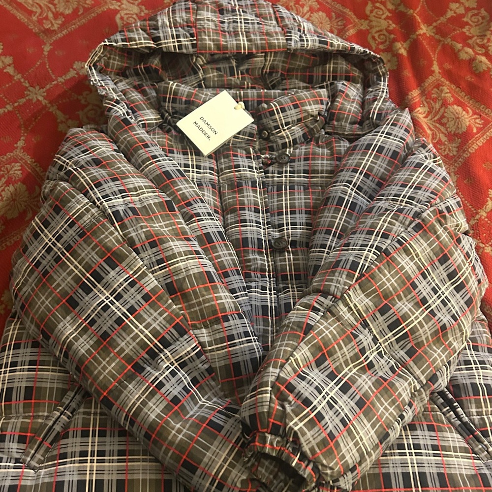 Plaid Puffer Bomber Jacket with Scarf Hood - Brown/Gray - Picture 11 of 16